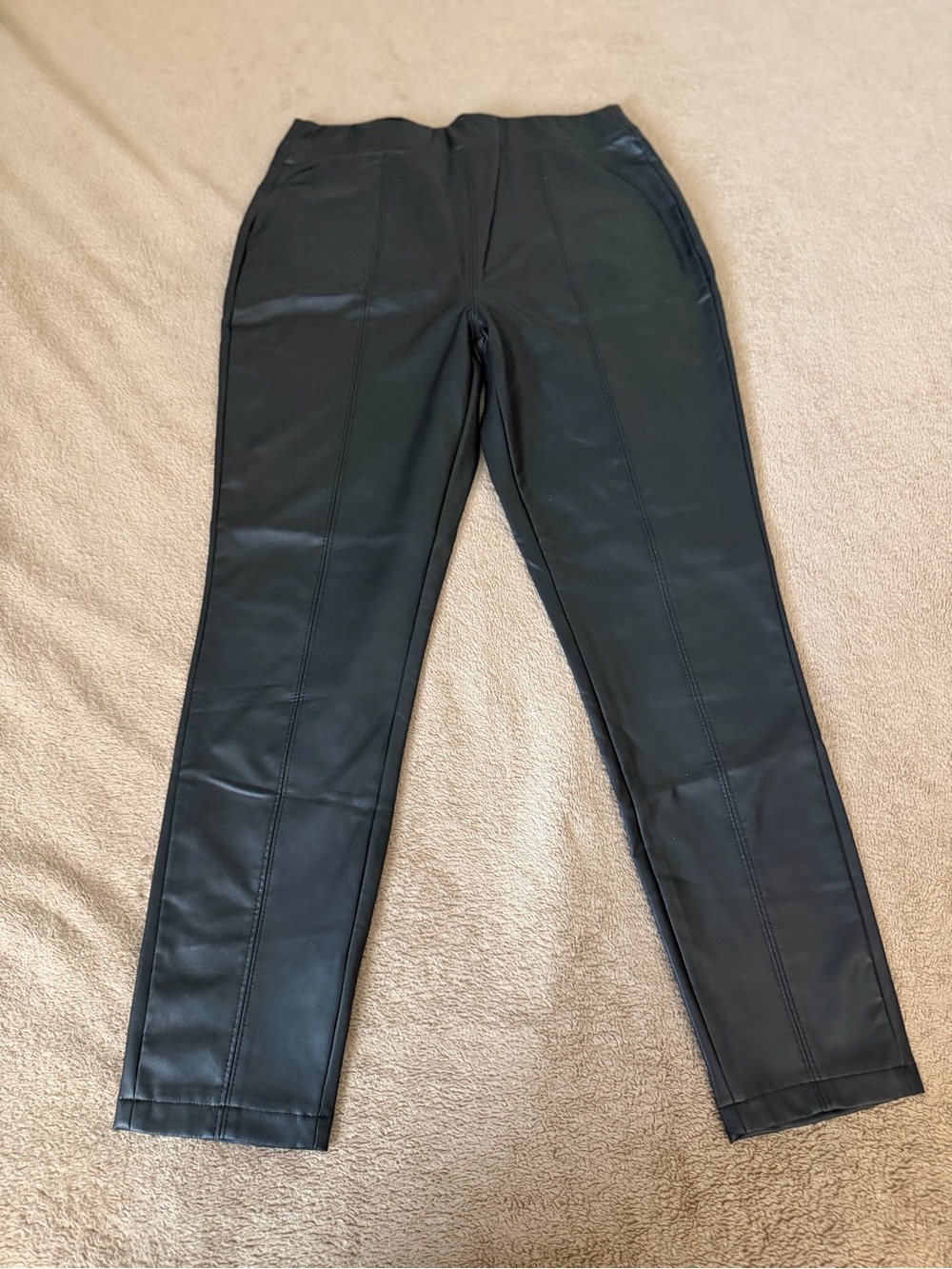 Black Faux Leather Leggings with Seamed Detail